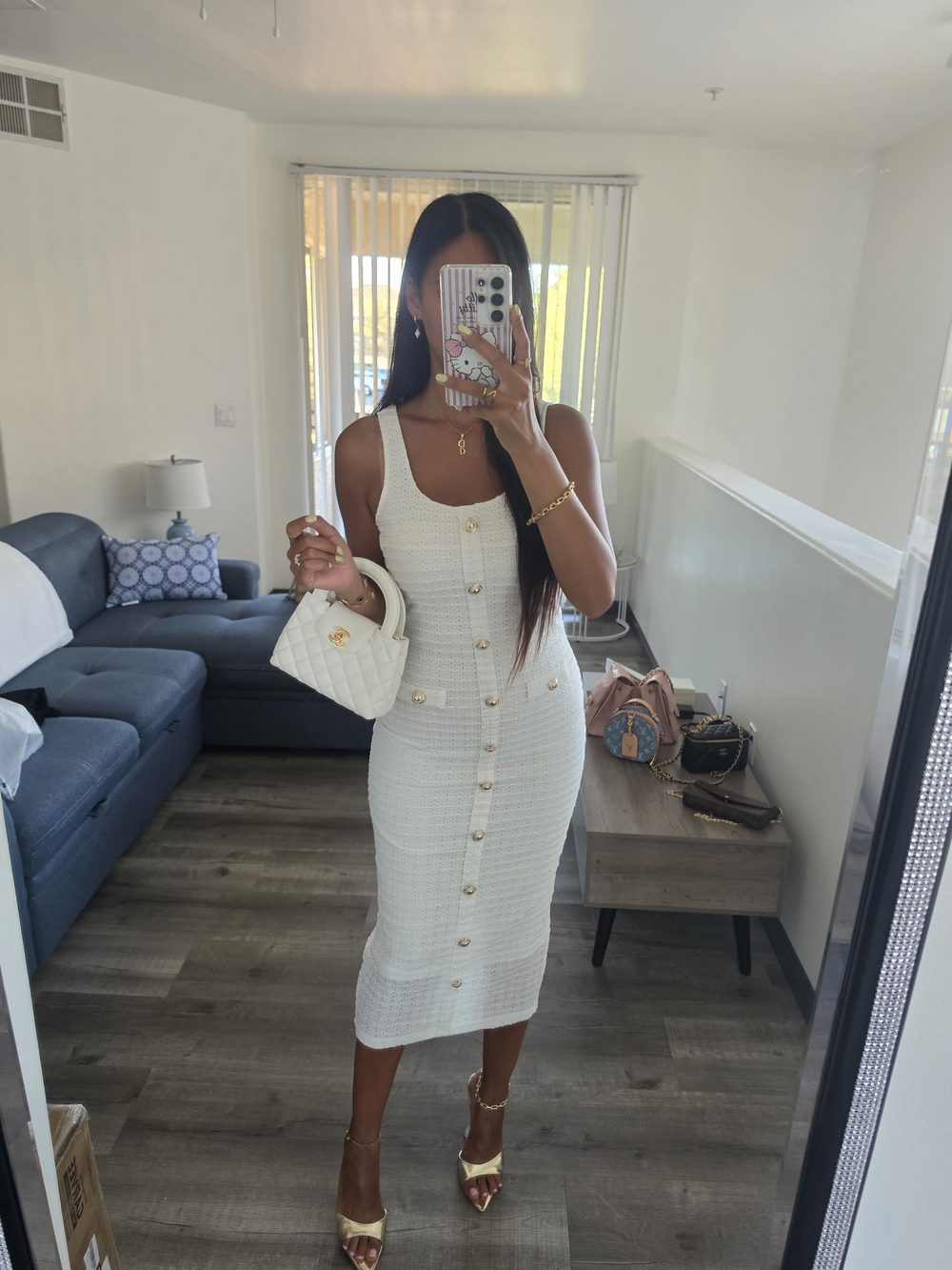 Classic White Button-Front Tweed Midi Dress - Picture 7 of 16
